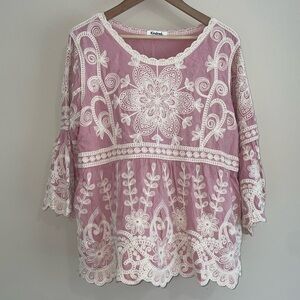 Kindred x Anthropologie Pink Floral Heavily Embroidered Bell Sleeve Top Sz Small